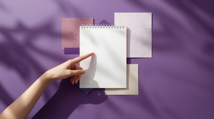 Obraz premium A hand indicating an empty calendar, implying organization or marking a significant date. The simple purple backdrop enhances contemporary sophistication