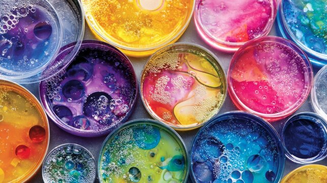Colorful petri dishes with vibrant liquids and bubbling reactions in laboratory setting, abstract scientific experiment with bright chemical textures and dynamic fluid patterns in research environment