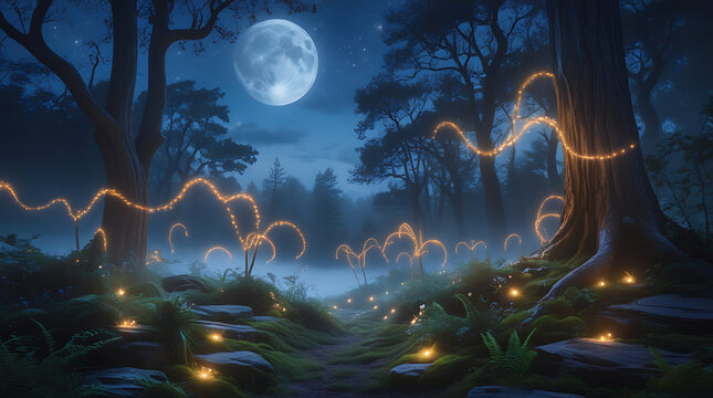 A dark starry woodland scene with a bright full moon overhead, glowing magical swirls, glowing fireflies near the ground, ancient trees framing a winding dirt path, distant hills fading into fog, 4K.