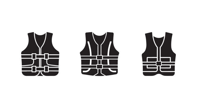 Three black safety vests with white outlines on white background  life jackets for protection