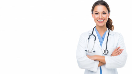 Fototapeta premium Confident female doctor smiling with arms crossed in a professional setting on a white background with space for text
