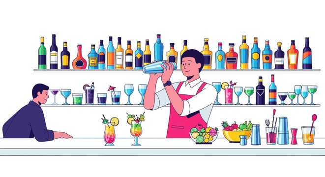 Bartender making cocktail at bar counter with customer.