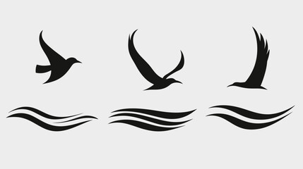Obraz premium Three black bird silhouettes soaring above wave-like lines on a plain light grey background