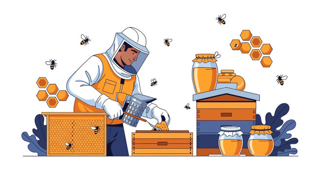 Beekeeper in protective suit tending to beehives and honey jars.