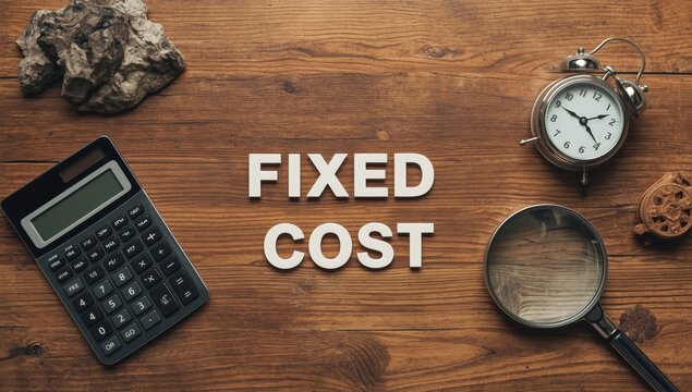 Message about fixed costs with calculator, alarm clock, and magnifying glass on wood surface