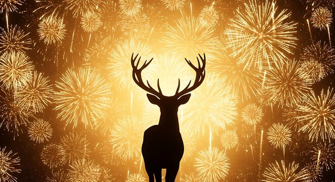 Deer silhouette with fireworks background gold.