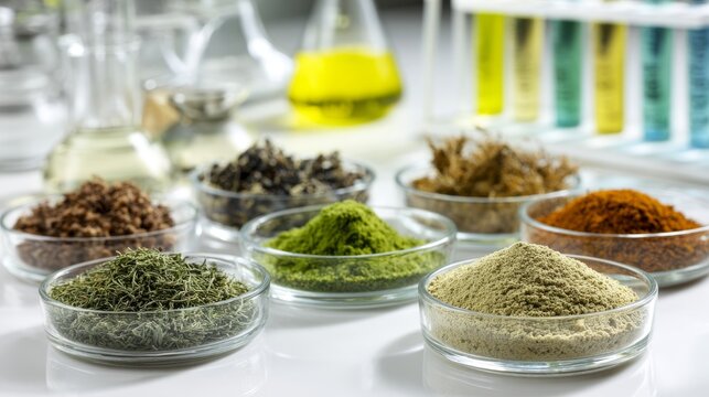 Various dried herbal powders in petri dishes arranged on laboratory table with glass test tubes and beakers in background, natural medicine research, phytochemistry analysis and pharmaceutical science