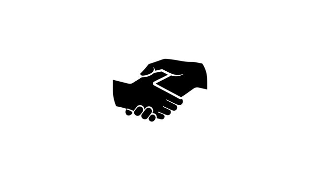 Black handshake icon representing agreement, partnership, and trust on a white background