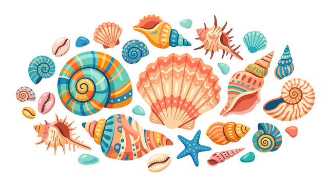 Collection of Colorful Seashells and Starfish Illustration.