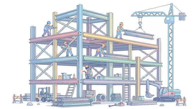 Construction of a multi-story steel frame building with workers and machinery.