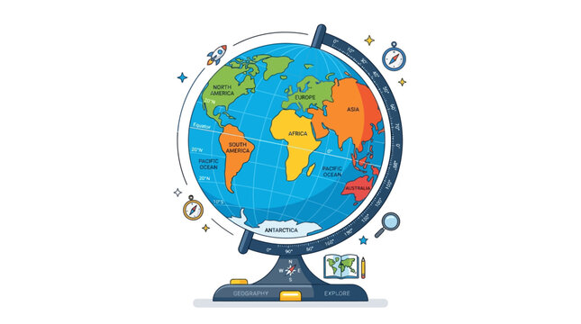 Colorful World Globe on Stand with Continents and Oceans.
