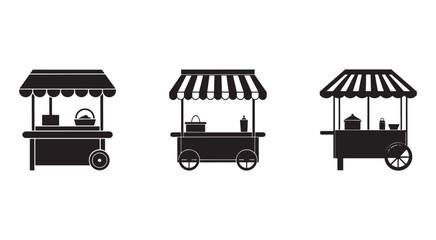 Three black silhouettes of food carts with awnings and wheels on white background vendor carts for sale or serving food and drinks in a street or market setting