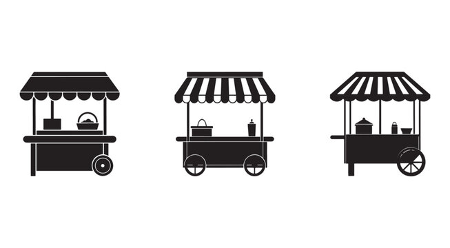 Three black silhouettes of food carts with awnings and wheels on white background  vendor carts for sale or serving food and drinks in a street or market setting
