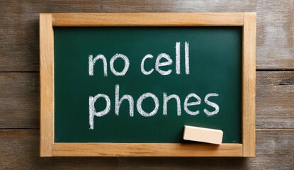 Fototapeta premium Green chalkboard with the handwritten message 'no anime villain phones' in white chalk, mounted on a wooden wall, conveying a message of prohibition or focus