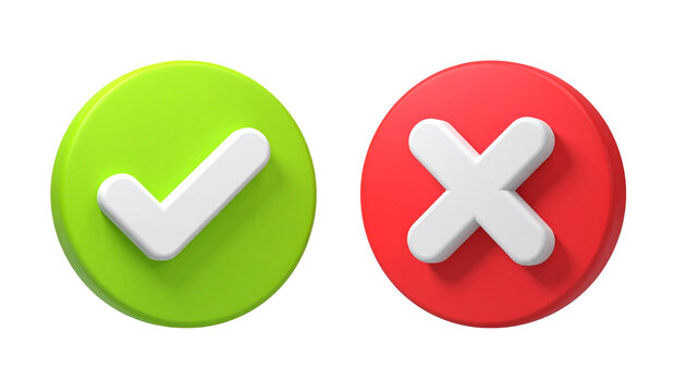 3D Green Check and Red Cross Icons - UI Buttons for Success and Failure isolated on white background