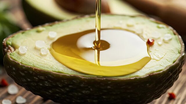 Golden oil cascades into a halved avocado, garnished with salt and peppercorns