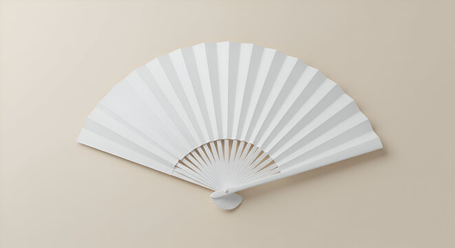 White paper fan displayed against a beige background. Simple, elegant design with a classic fan shape. No specific person or location.