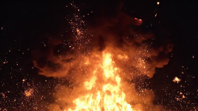A powerful explosion engulfs the scene in intense orange flames and bright sparks
