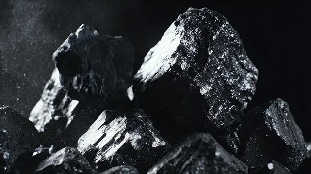 Close-up of rough, black charcoal chunks with shimmering water droplets and airborne dust