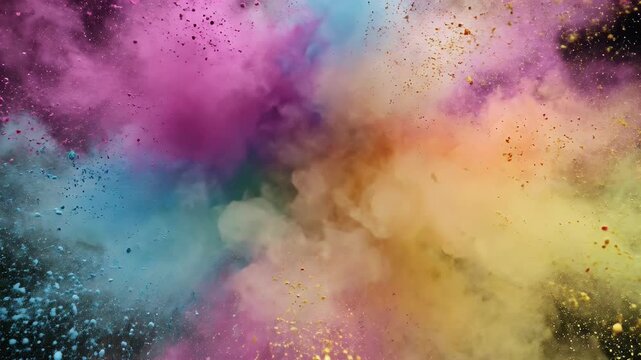 Vibrant multicolored powder explosion against a dark background, scattering dynamically