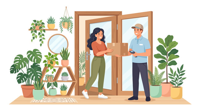 Delivery person hands package to woman at home.