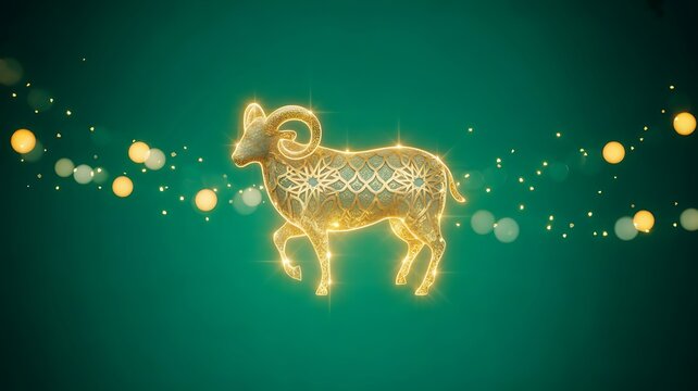 Golden Aries Zodiac Sign on Emerald Green Background with Sparkling Lights Eid Al Adha Concept Bakra Eid
