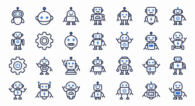Cute Blue Robot Icons Seamless Pattern Collection Set - Vector Illustration