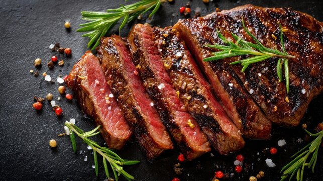 Juicy, perfectly grilled beef steak with seared crust and tender pink interior, sliced and garnished with fresh rosemary and mixed peppercorns