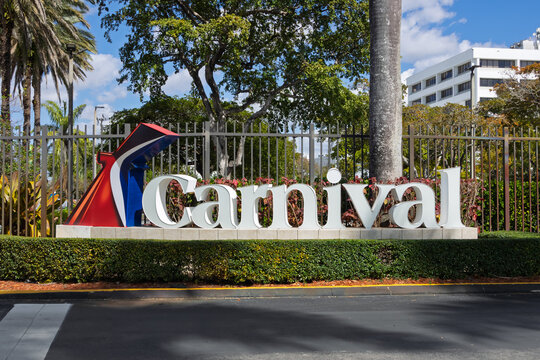 Carnival Cruise Line headquarters building and logo in Miami in Doral, Florida.