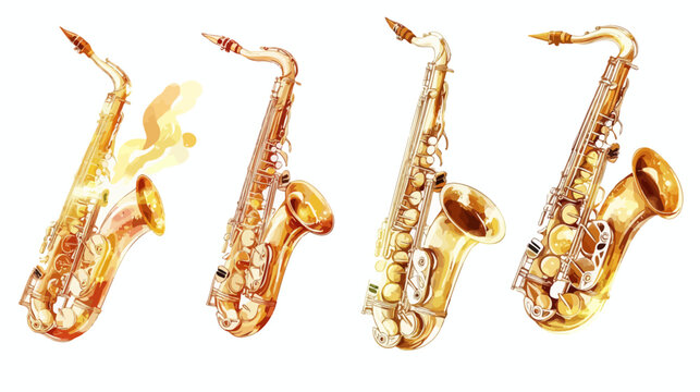 A watercolor illustration of a saxophone in four stages with white background