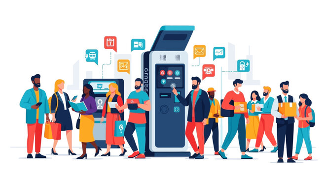 Diverse group of people interacting with technology and services.