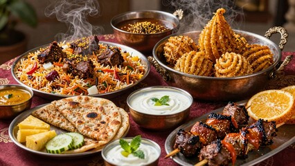 Obraz premium Steaming Indian meal with biryani samosas kebabs and flatbreads