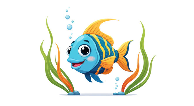 Colorful cartoon fish swimming underwater freely.