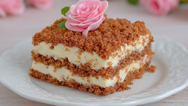 Close-up of a square slice of honey layer cake with creamy filling, topped with a delicate pink frosting rose and fresh mint leaves on a white vintage plate. Gourmet dessert photography.