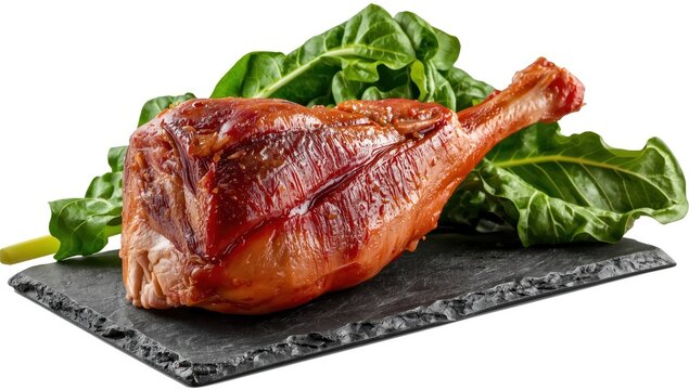 cured pork leg on stone with collard greens behind