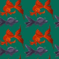Obraz premium A luxurious repeating design featuring elegant golden and dark koi fish swimming on a deep emerald green background. Hand-drawn illustration with fine gold lines. Oriental motif, symbol of success and
