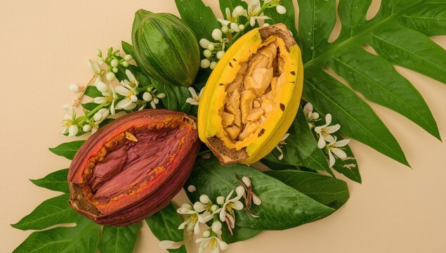 Artistic arrangement of cacao pods, leaves, and flowers on a light background. Overhead view. Culinary theme. Close-up perspective