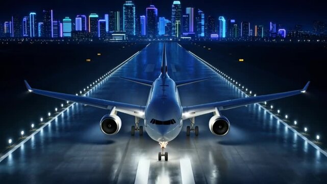 Cinematic 8K top view of commercial passenger airplane landing at night on wet runway with glowing city skyline