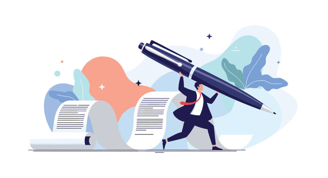Ambitious businessman carrying a massive blue pen over a long paper document scroll representing law, contracts, or writing tasks.