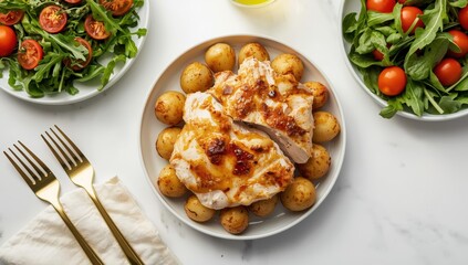 Naklejka premium Baked turkey with mustard and yogurt marinade, new potatoes, and arugula salad on a light surface, overhead shot