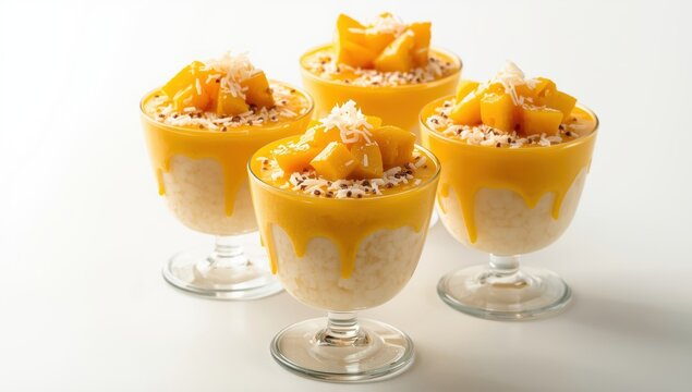 Creamy coconut mango sago dessert topped with shredded cheese, presented in glass cups with fresh mango on a white backdrop