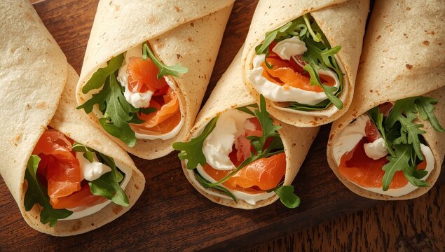 Close-up of thin pancake rolls filled with smoked salmon, cream cheese, and arugula on a table. Horizontal overhead view