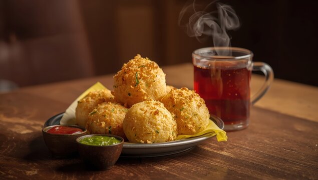 Fafda, a popular Indian snack, accompanied by tomato ketchup, mint chutney, and hot tea