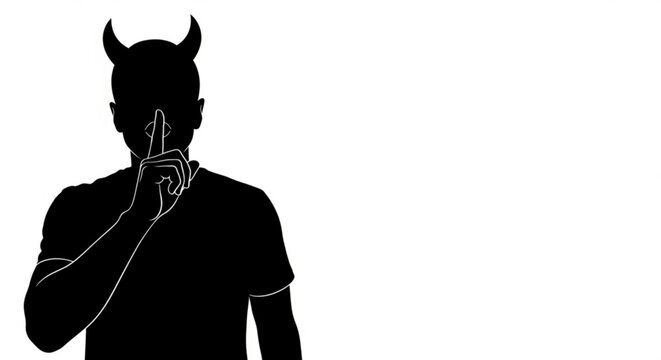 Silhouette of a Man with Devil Horns Pressing a Finger to His Lips in a Silent, Mysterious Pose