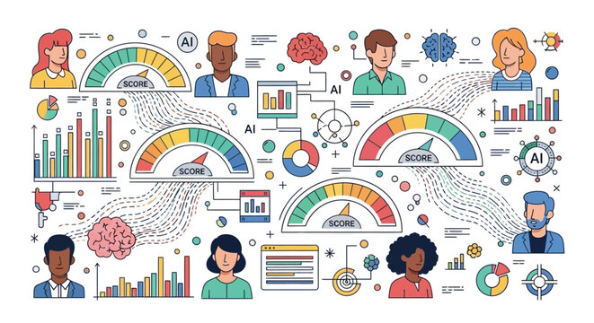 Diverse People Interacting with AI and Data Visualization.