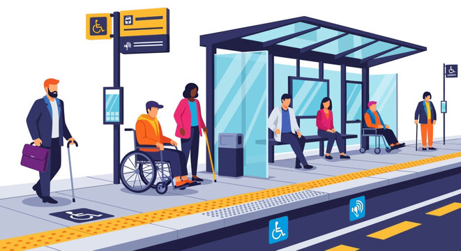 Diverse people waiting at accessible bus stop.