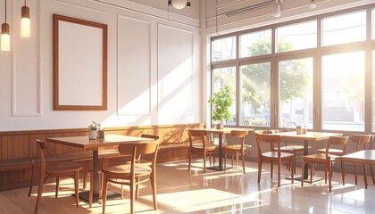 Fototapeta premium A well-lit restaurant interior with wooden tables and chairs sits empty near large windows.