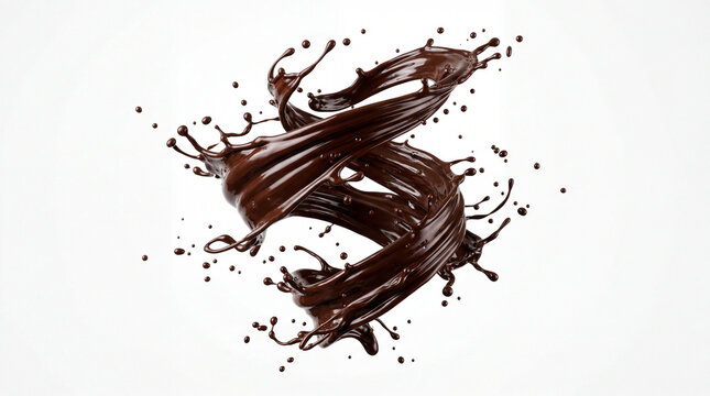 Dynamic swirling liquid chocolate splash with droplets frozen in motion isolated on white background