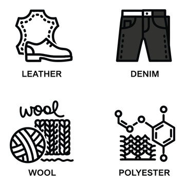 Vector art of four flat icon style representations of fabric types leather, denim, wool, and polyester