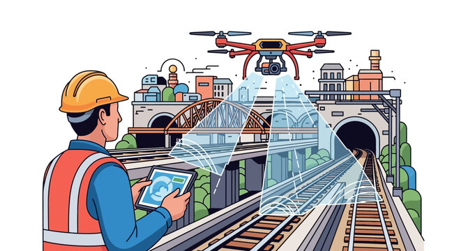 Engineer controlling drone with tablet for railway inspection.